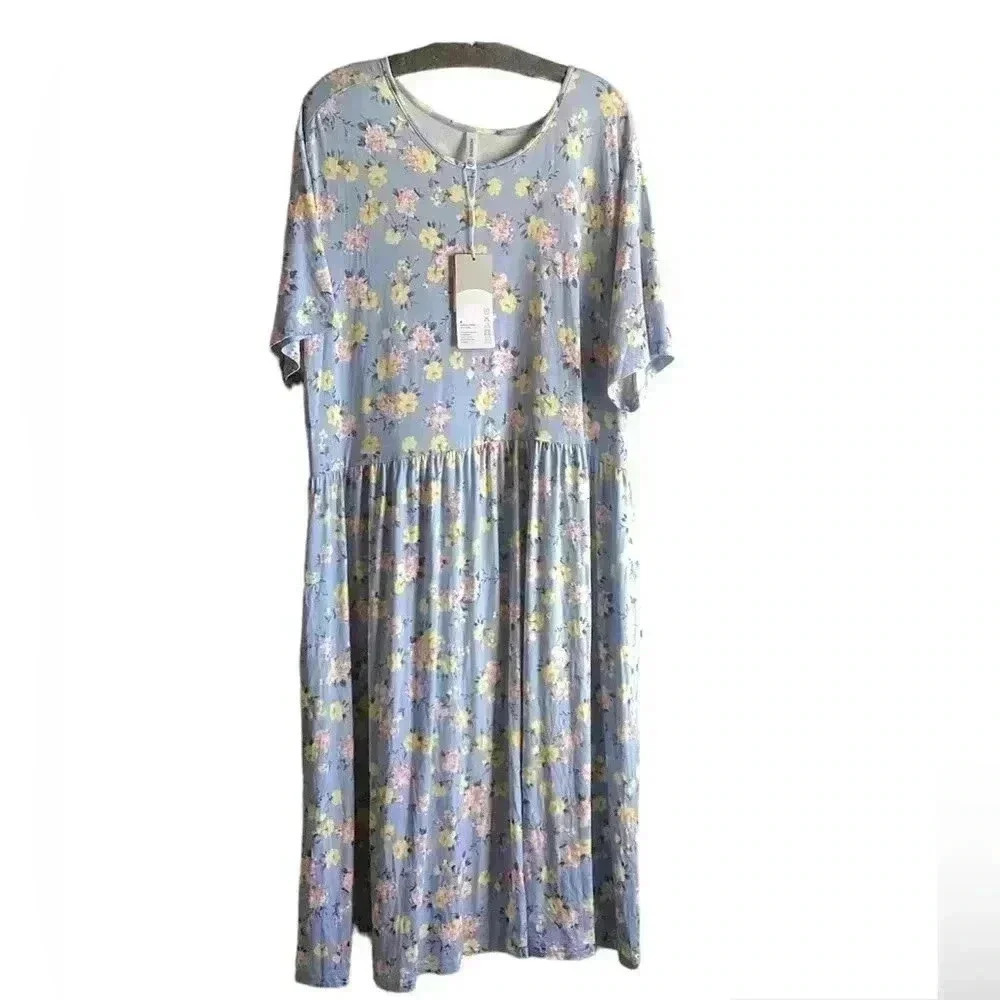 Poseshe NWT BLUE &yellow Floral Round Neck Short Sleeve Midi dress size 4XL